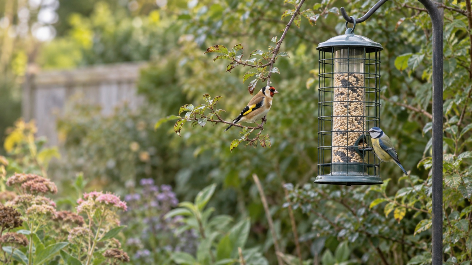 Small garden birds approaching a guarded hanging seed feeder