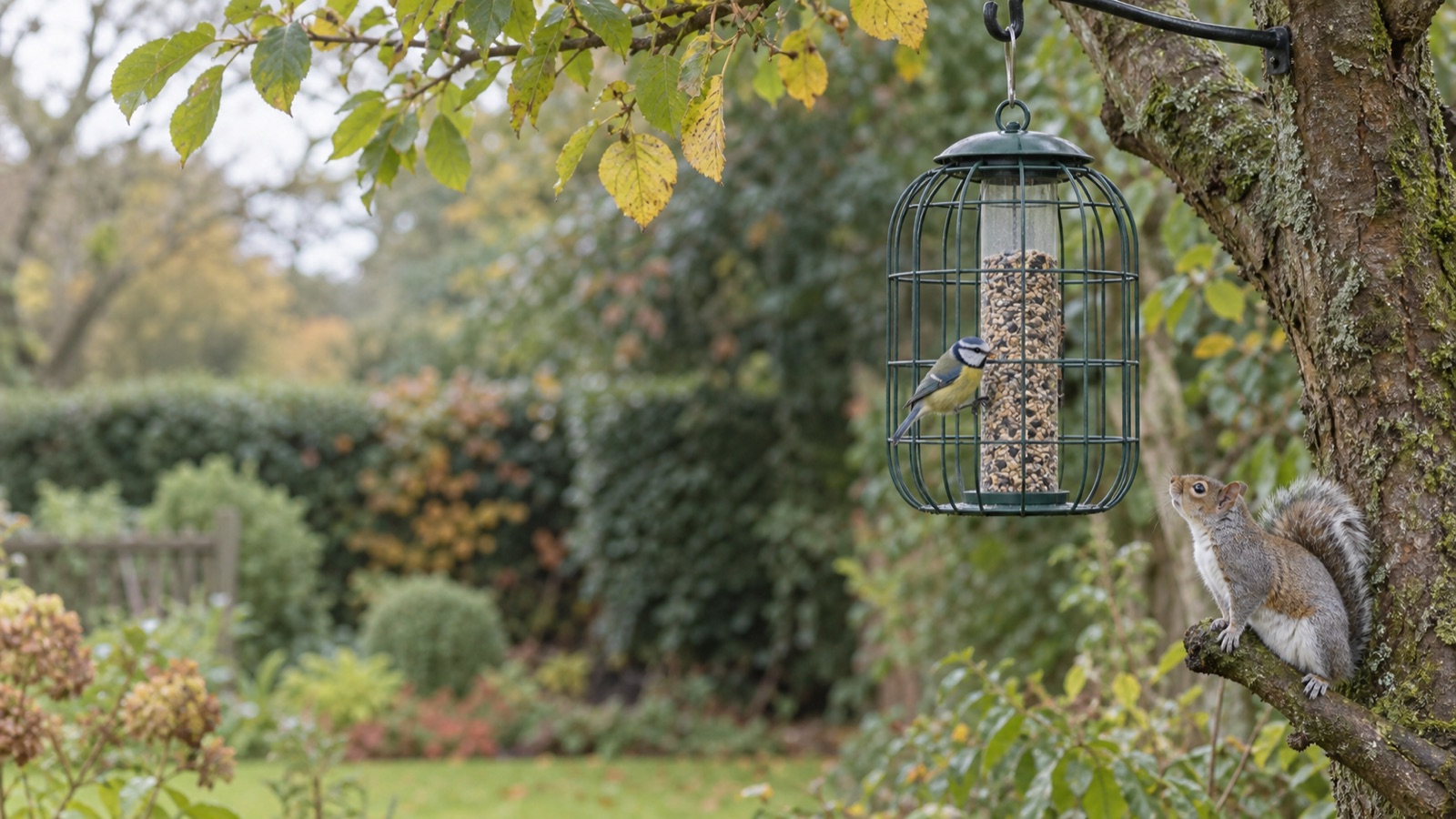 A guarded hanging feeder with a grey squirrel on a nearby tree in a UK garden