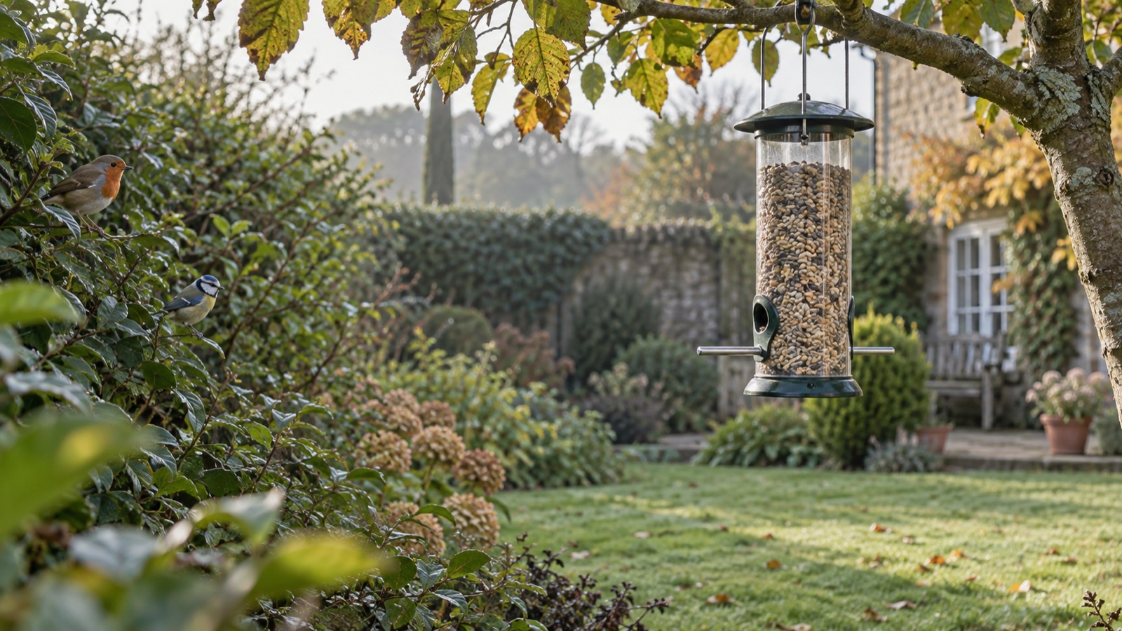A quiet hanging feeder with small birds waiting in nearby garden cover