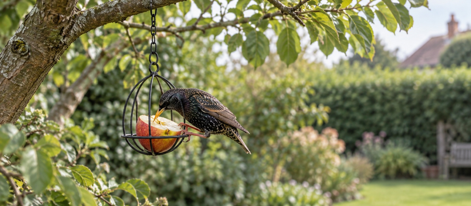 A starling eating fresh apple from a hanging metal fruit holder