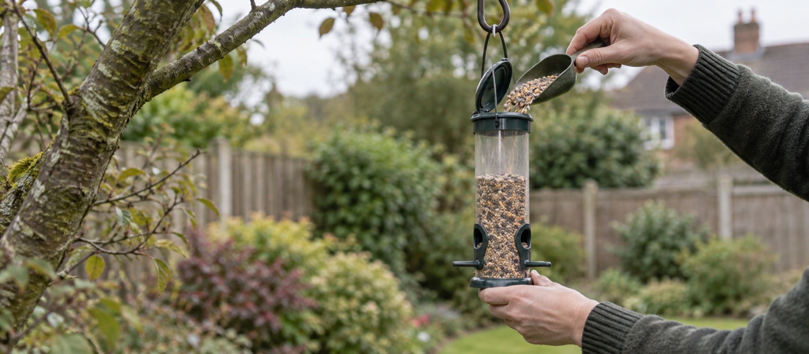 A small scoop of bird seed being added to a clean hanging tube feeder in a British garden