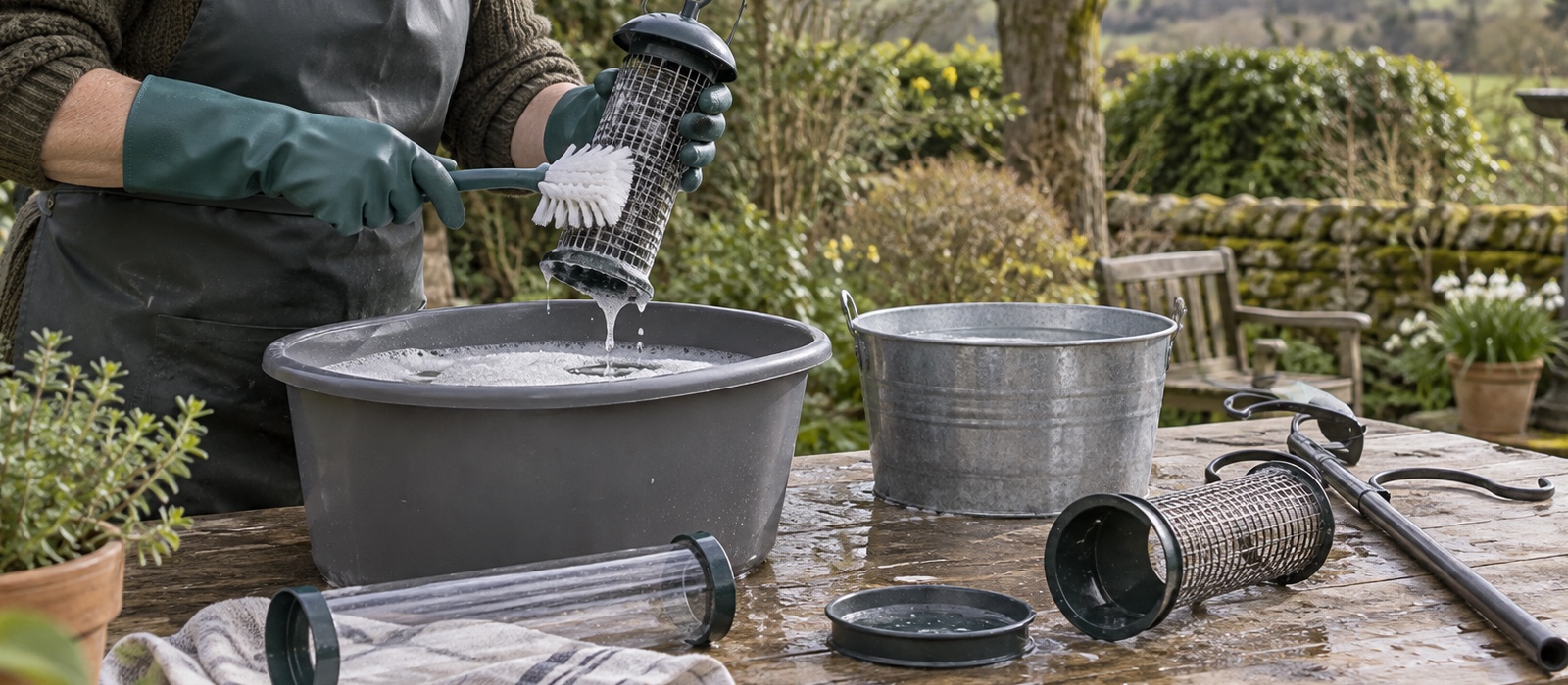 Gloved hands washing dismantled bird-feeding equipment outdoors