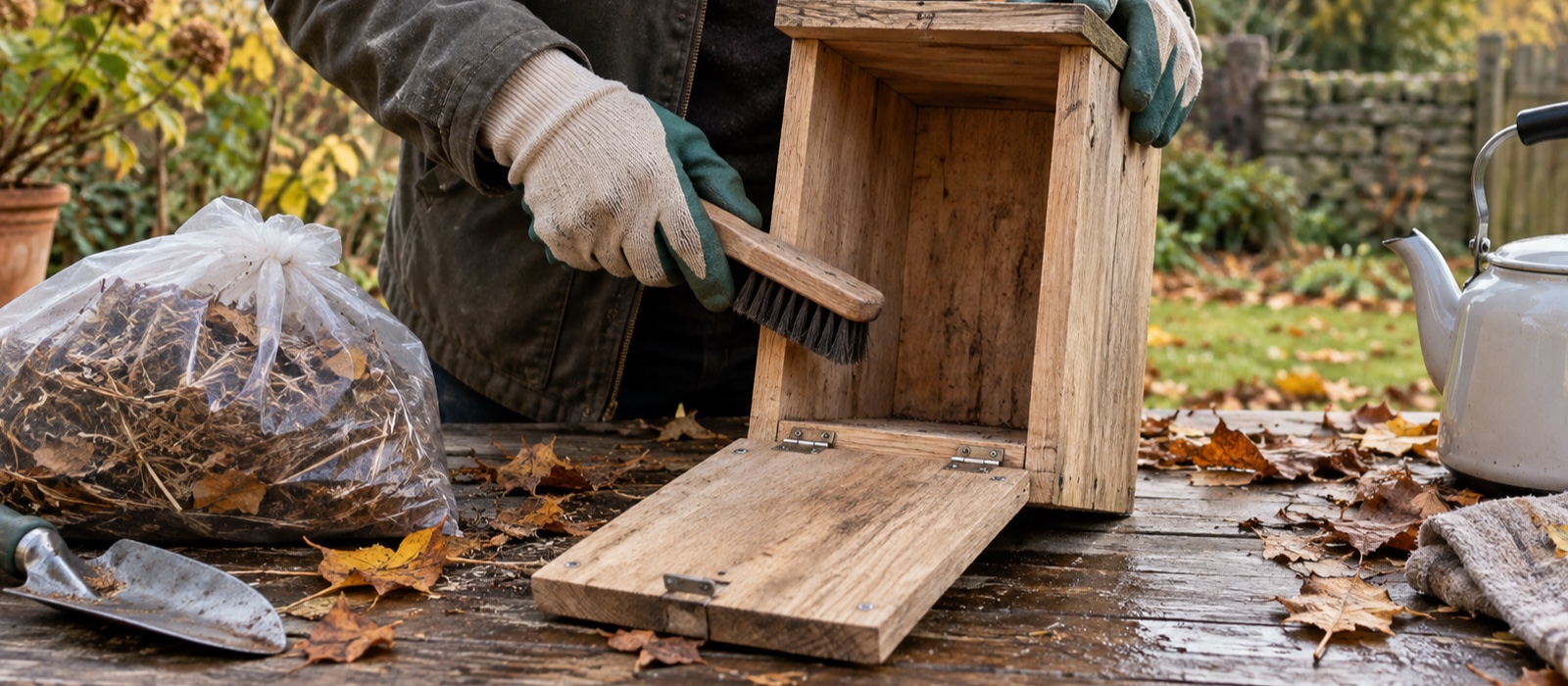 Gloved hands cleaning an empty dismantled wooden nest box outdoors in autumn