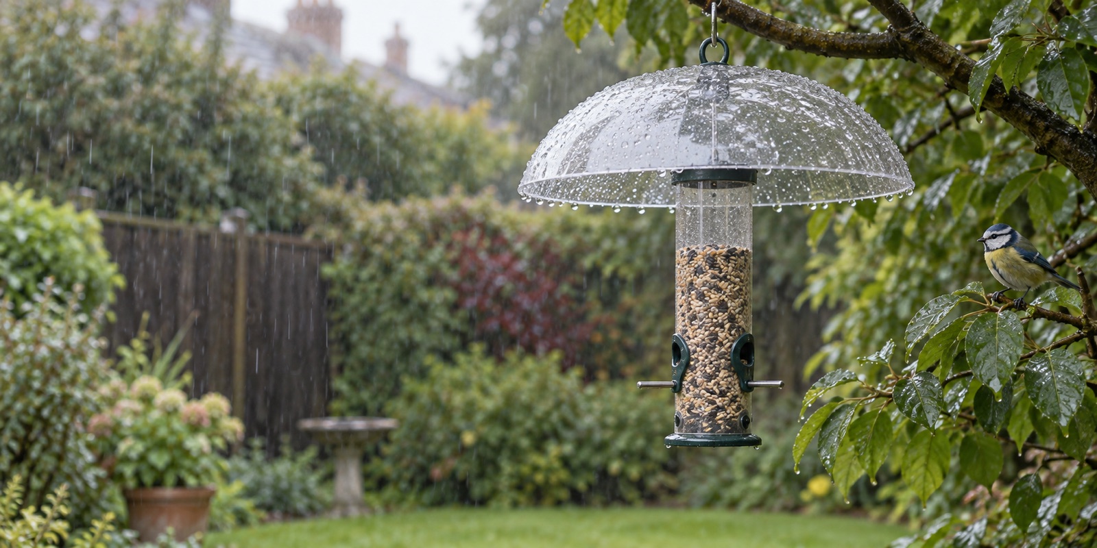 A covered tube feeder shedding rain in a wet UK garden