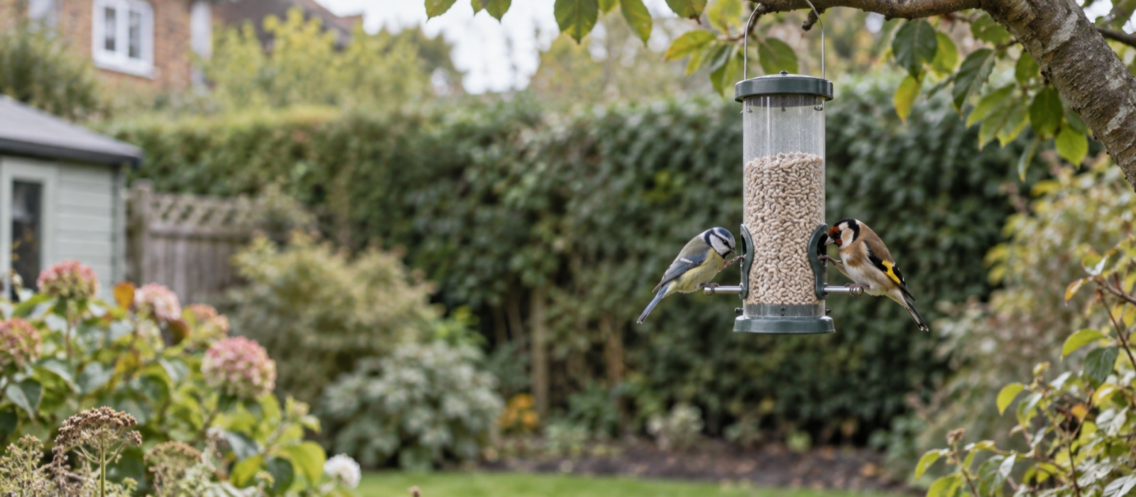 Two small garden birds using a tidy hanging tube feeder