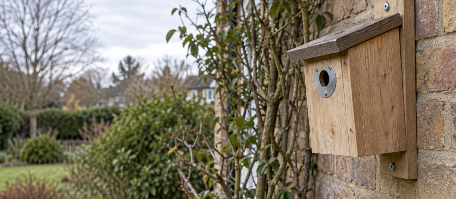 A wooden nest box mounted on a wall with a flush metal entrance protection plate