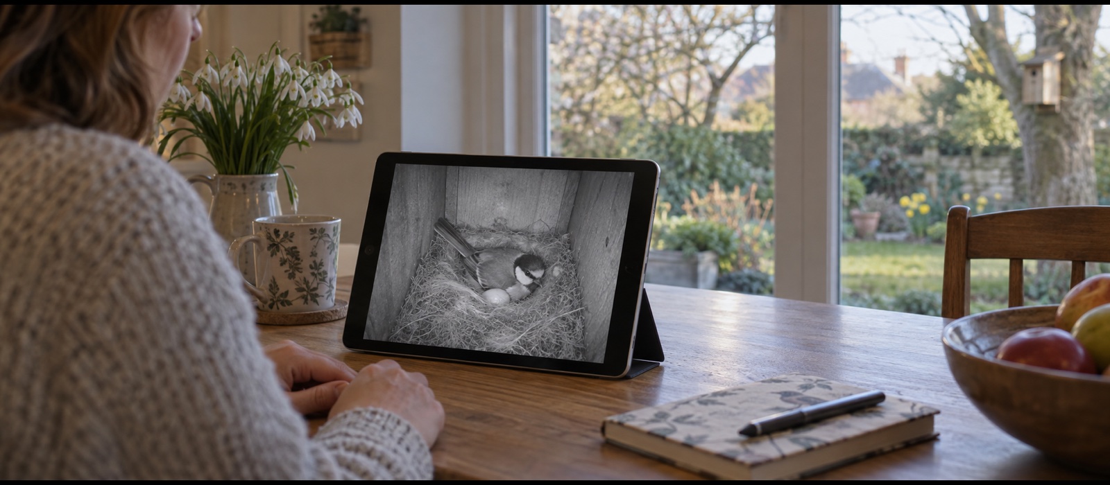 A person quietly watching monochrome nest-box camera footage on a tablet indoors