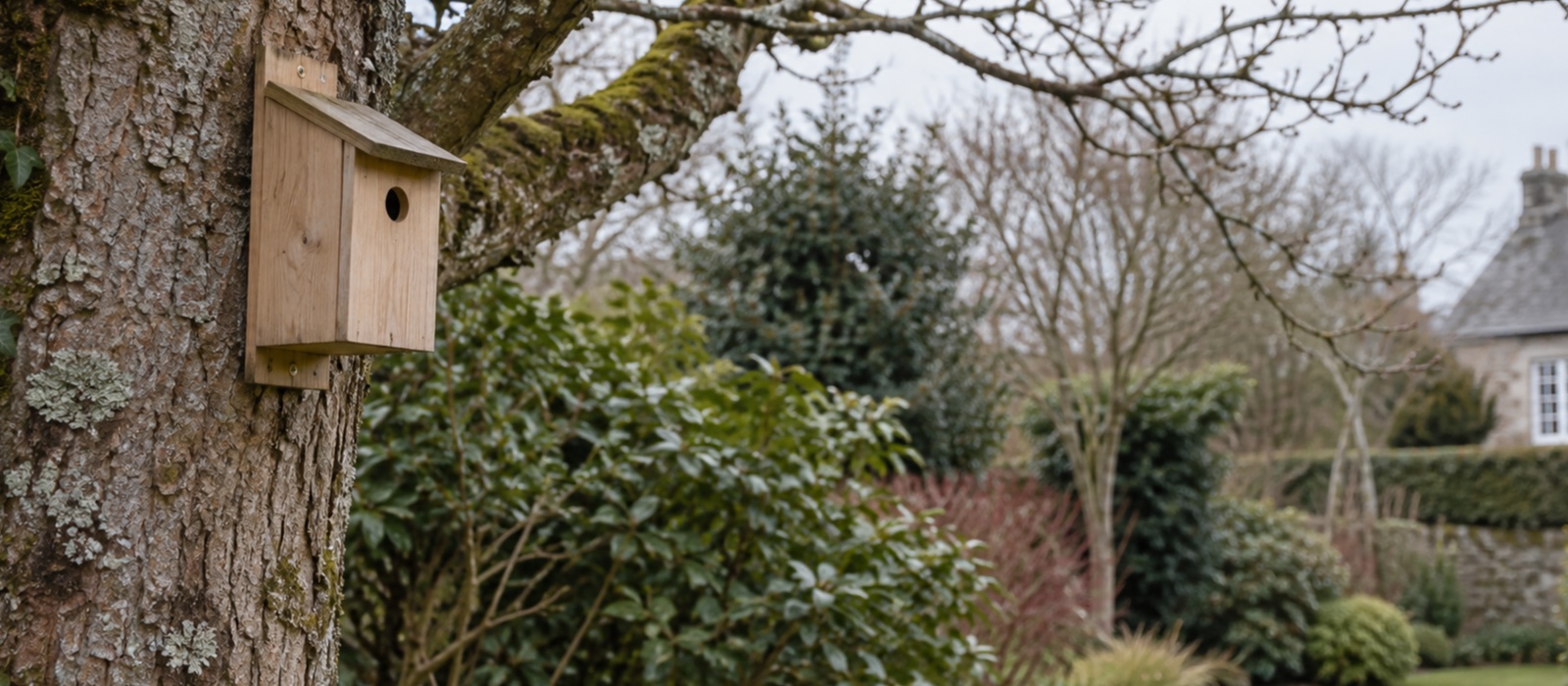 A plain wooden nest box securely positioned on a mature tree in a quiet British garden